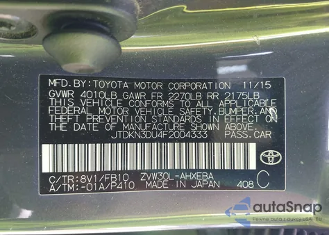 2015 Toyota Prius Three z USA, uszkodzony, nr VIN JTDKN3DU4F2004333